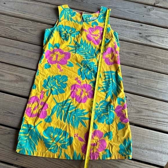 Vintage Blue Water Yellow Floral Dress Tropical Sleeveless Beach Vacation Mini S - Picture 12 of 15